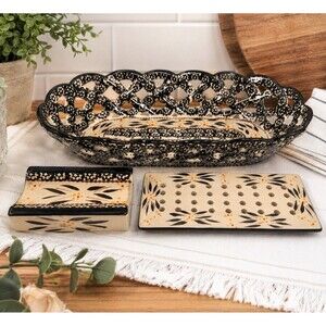Temp-tations by Tara Old World 3 Pc Bread Basket, Rolling Pin Holder & Drip Tray